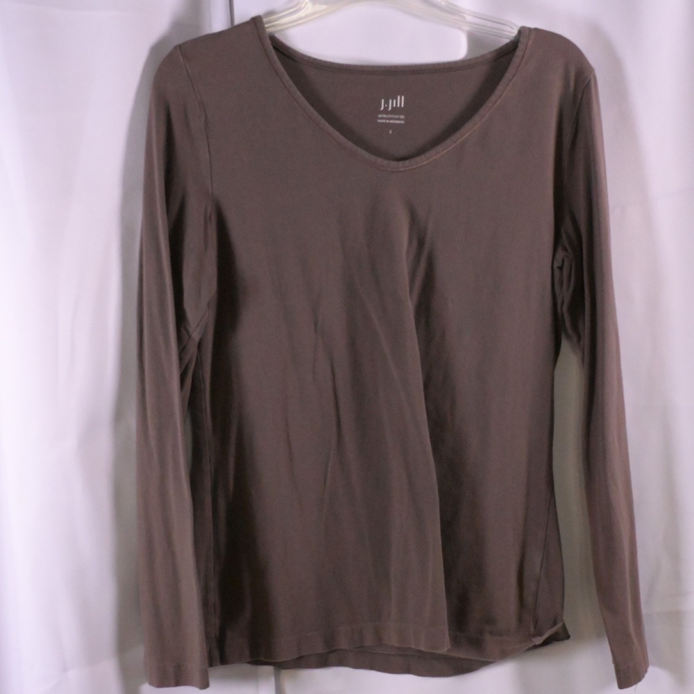 J.Jill Brown Satin Stitch Long Sleeve Tee Womens Small Cotton Spandex